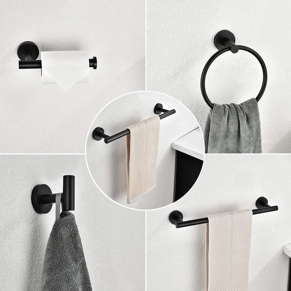 AEELLEEA Matte Black Bathroom Hardware Set, 6-Piece Metal Towel Bar Towel Ring Toilet Paper Holder Robe Hooks, Wall Mount Bath Accessories