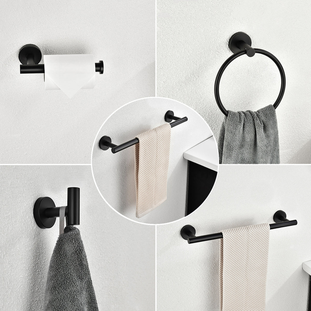 AEELLEEA Matte Black Bathroom Hardware Set, 6-Piece Metal Towel Bar Towel Ring Toilet Paper Holder Robe Hooks, Wall Mount Bath Accessories