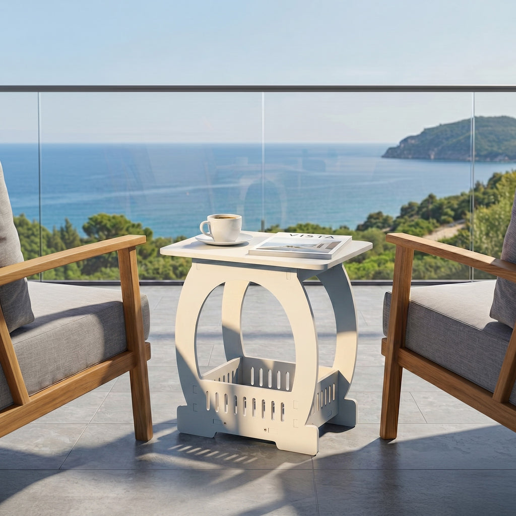 Side Table with Storage, Modern Arch Design End Table, White PVC Nightstand for Small Spaces, Indoor & Outdoor Accent Table