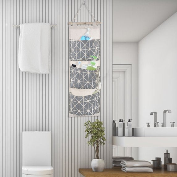 3-Pocket Wall Hanging Storage Organizer with Wooden Rod, Waterproof Linen Cotton, Gray
