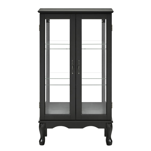 AEELLEEA Black Curio Display Cabinet with Tempered Glass Doors, Adjustable Shelves & Acrylic Mirror Back Panel