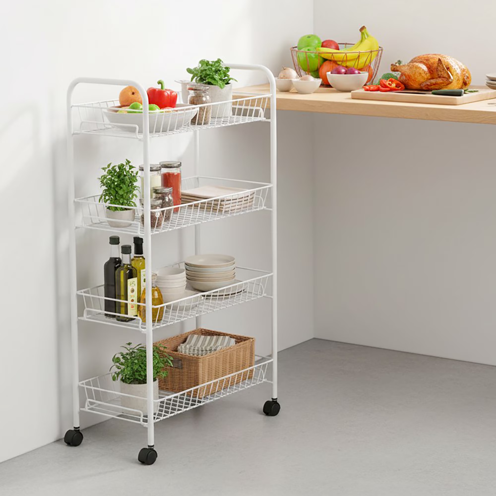 AEELLEEA 4-Tier Rolling Metal Wire Basket Cart, White Mobile Storage Organizer with Wheels, Utility Rack for Bathroom, Laundry & Kitchen