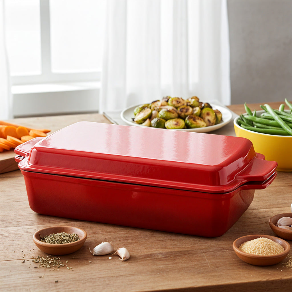 Enameled Cast Iron Rectangular Casserole Dish with Lid, Red & Blue Available, Heavy-Duty Bakeware for Braising, Roasting & Baking