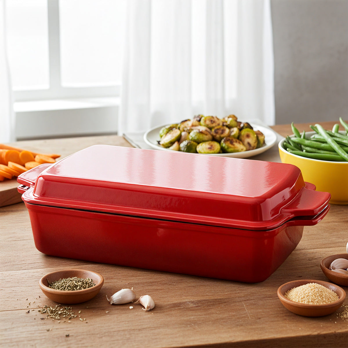 Enameled Cast Iron Rectangular Casserole Dish with Lid, Red & Blue Available, Heavy-Duty Bakeware for Braising, Roasting & Baking