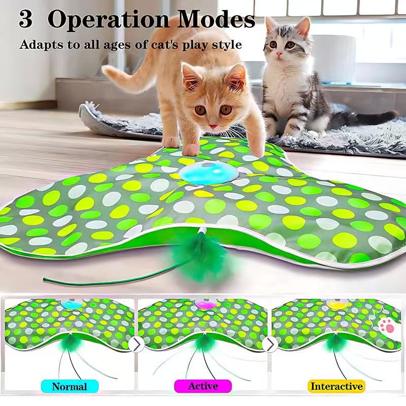 AEELLEEA Universal Size Touch-Activated Cat Toy - Moving Concealed Feathers, Real Mouse Squeak, Indoor Exercise Toy, Green