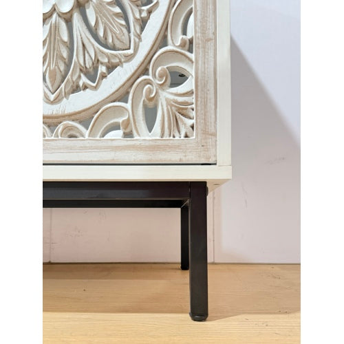 AEELLEEA 58.6" White Sideboard Buffet Cabinet with 2 Carved Doors, 4 Open Shelves, Farmhouse Storage Cabinet for Living Room