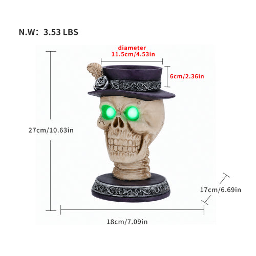 AEELLEEA Halloween Resin Skull Candle Holder ，Feather Top Hat Gothic Statue, Spooky Tabletop Decor for Party