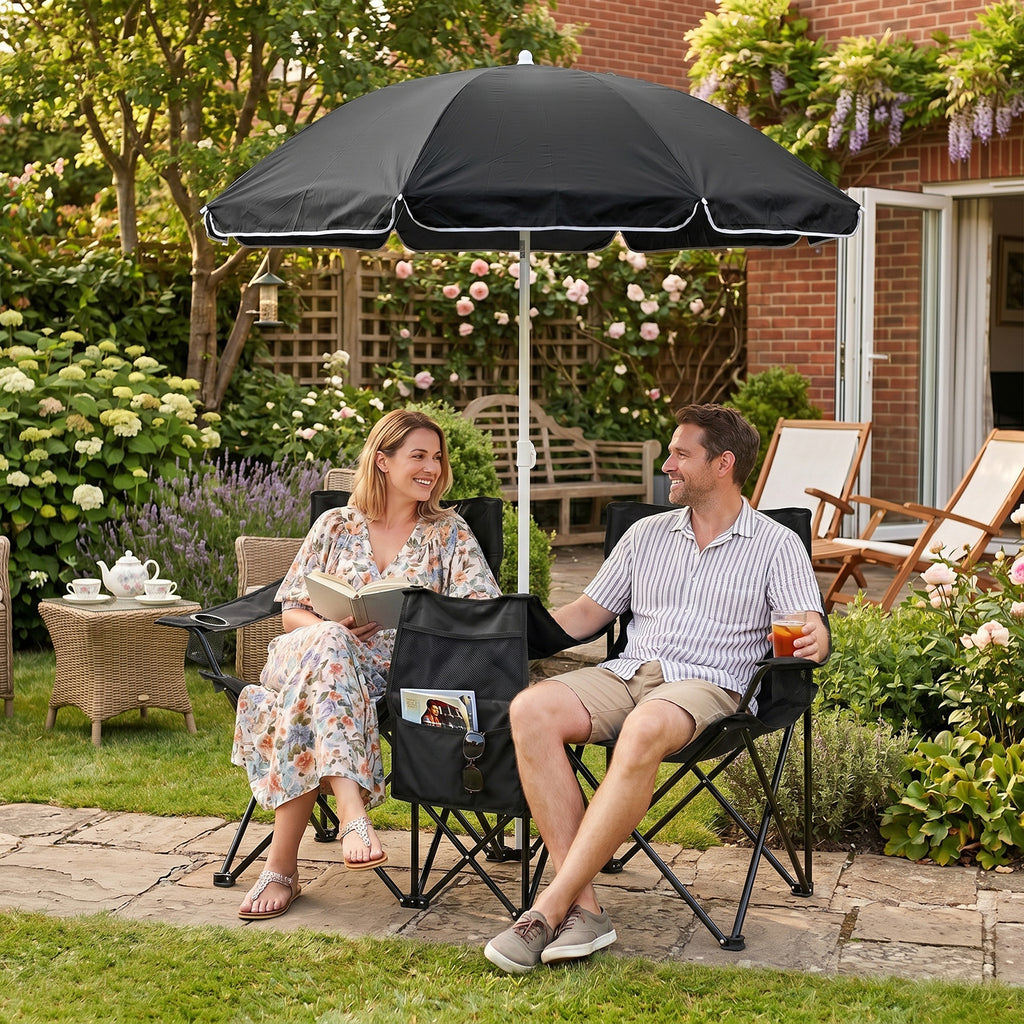 AEELLEEA Double Folding Camping Chair Set with 60" Sun Umbrella, Portable Outdoor 2-Seat Chair for Patio Beach