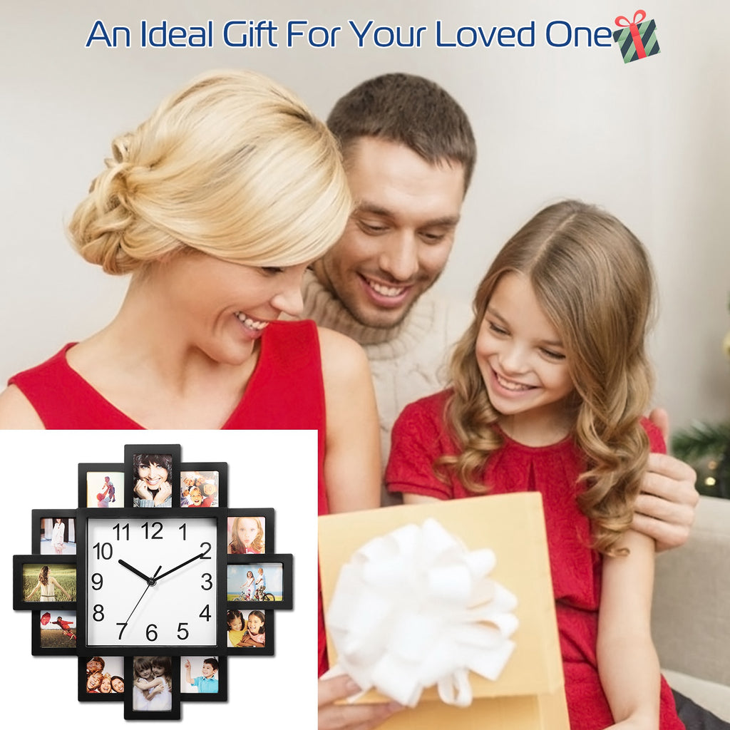 Photo Frame Wall Clock, 12 Photo Collage Frame Silent Quartz Wall Clock for Home Decor, Family Memory Picture Clock Gift