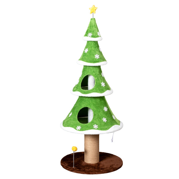 AEELLEEA Christmas Tree Cat Tower with Sisal Scratching Post, 2 Cat Hideaways & Teaser Ball, 59.1" Tall