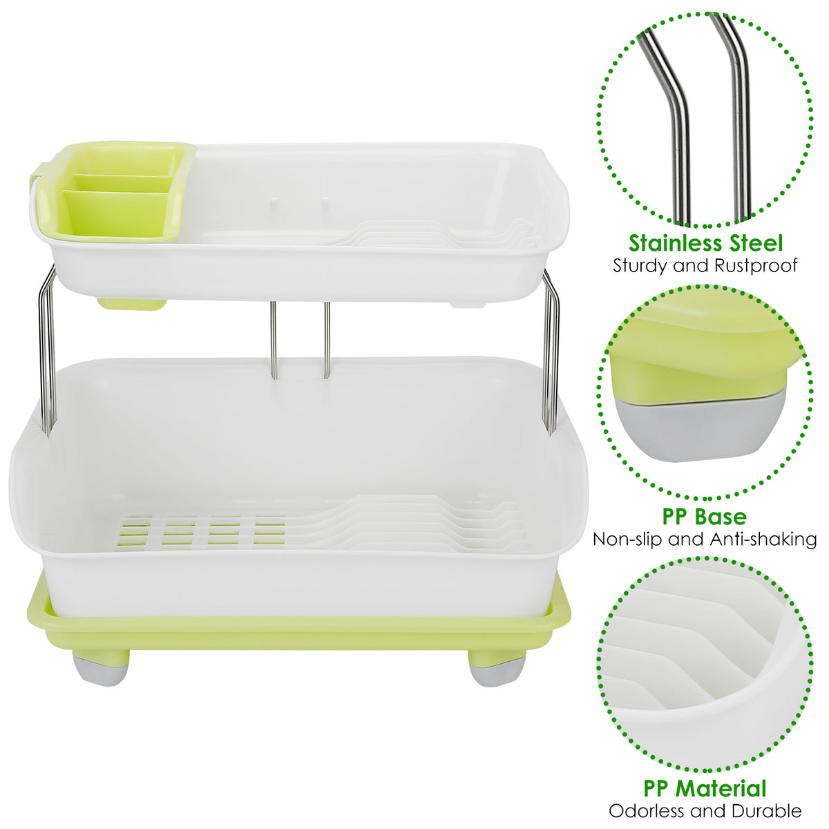 AEELLEEA 2-Tier Dish Drying Rack, Countertop PP Dish Rack with Automatic Drainage, Stainless Steel Support & Cutlery Holder for Kitchen