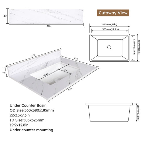 31 Inch Bathroom Vanity Top with Undermount Rectangle Sink, White Marble Engineered Stone Countertop with 4 Inch Backsplash