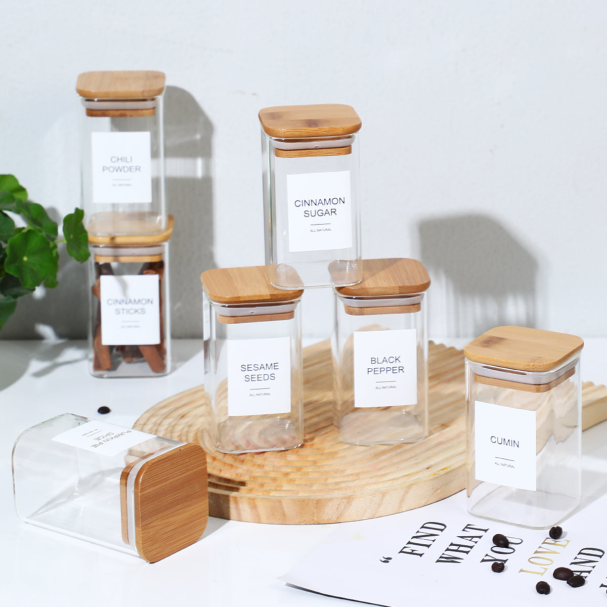 12-Pack 4 oz Square Glass Spice Jars with Bamboo Lids and 70 Labels, Clear Seasoning Storage Containers