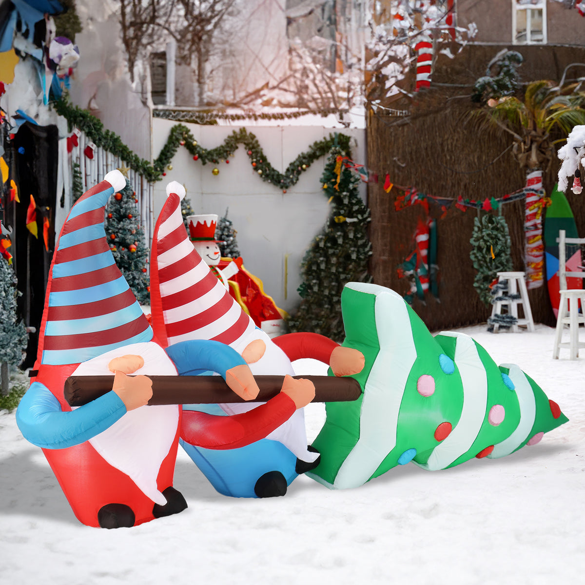 AEELLEEA-Christmas Inflatable Decoration, Two Cute Gnomes Pulling Christmas Tree with LED Lights