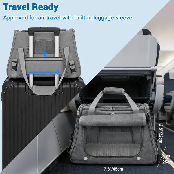 Aeelleea Airline Approved Pet Carrier, Soft Sided Cat Dog Travel Carrier with Orthopedic Fleece Mat, Luggage Sleeve for Small Cats Dogs