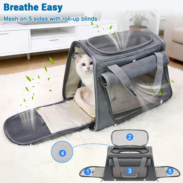 Aeelleea Airline Approved Pet Carrier, Soft Sided Cat Dog Travel Carrier with Orthopedic Fleece Mat, Luggage Sleeve for Small Cats Dogs