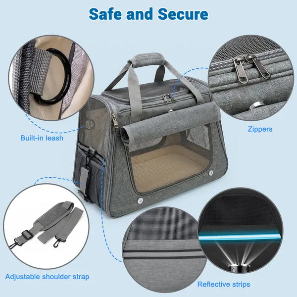 Aeelleea Airline Approved Pet Carrier, Soft Sided Cat Dog Travel Carrier with Orthopedic Fleece Mat, Luggage Sleeve for Small Cats Dogs