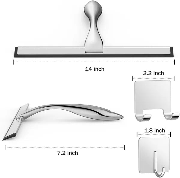14" Stainless Steel Shower Squeegee with 2 Adhesive Hooks, Streak-Free Glass Wiper for Bathroom Door Window Car Mirror Cleaning