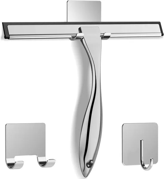 14" Stainless Steel Shower Squeegee with 2 Adhesive Hooks, Streak-Free Glass Wiper for Bathroom Door Window Car Mirror Cleaning