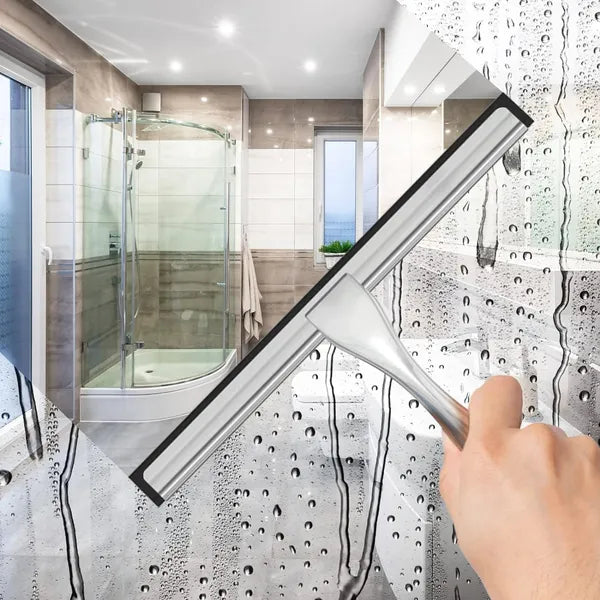 14" Stainless Steel Shower Squeegee with 2 Adhesive Hooks, Streak-Free Glass Wiper for Bathroom Door Window Car Mirror Cleaning