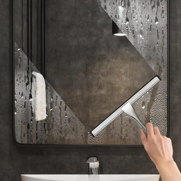 14" Stainless Steel Shower Squeegee with 2 Adhesive Hooks, Streak-Free Glass Wiper for Bathroom Door Window Car Mirror Cleaning