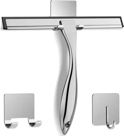 14" Stainless Steel Shower Squeegee with 2 Adhesive Hooks, Streak-Free Glass Wiper for Bathroom Door Window Car Mirror Cleaning