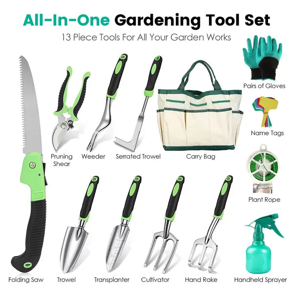 13-Piece Gardening Tool Set with Carry Bag, Aluminum Alloy Garden Hand Tools, Pruning Shears, Folding Saw & Gloves
