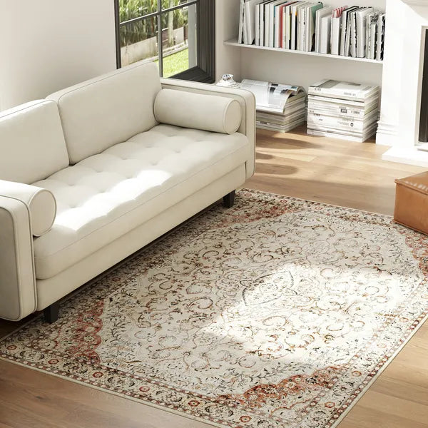 Vintage Floral 4x6ft Area Rug, Machine Washable Non-Slip Low Pile Carpet for Living Room Bedroom Dining Room