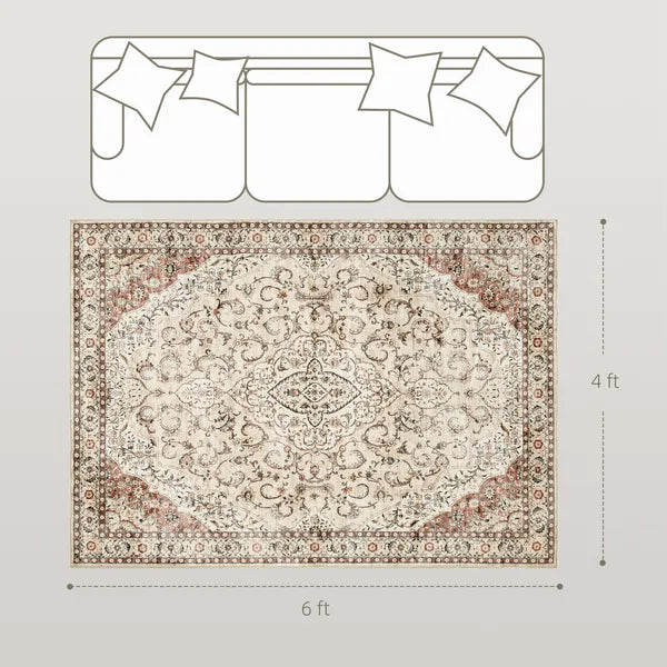 Vintage Floral 4x6ft Area Rug, Machine Washable Non-Slip Low Pile Carpet for Living Room Bedroom Dining Room