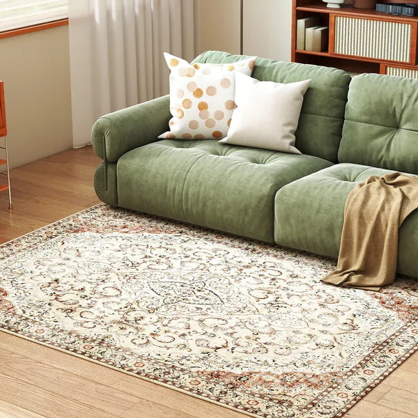 Vintage Floral 4x6ft Area Rug, Machine Washable Non-Slip Low Pile Carpet for Living Room Bedroom Dining Room
