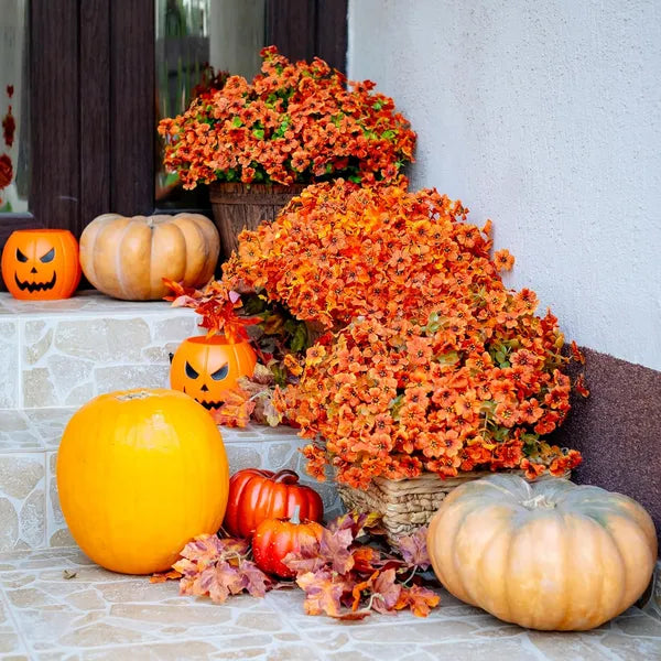 Artificial Fall Chrysanthemum Flowers, UV Resistant Faux Orange Red Plants for Porch Garden Autumn Home Decor(red-orange 16)