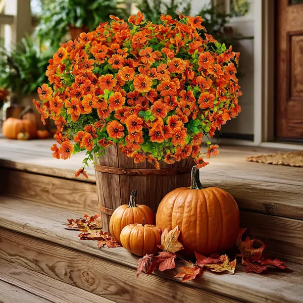 Artificial Fall Chrysanthemum Flowers, UV Resistant Faux Orange Red Plants for Porch Garden Autumn Home Decor(red-orange 16)