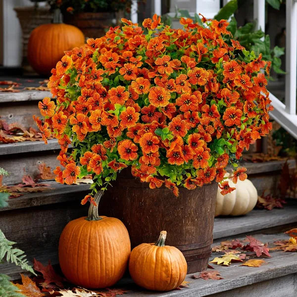 Artificial Fall Chrysanthemum Flowers, UV Resistant Faux Orange Red Plants for Porch Garden Autumn Home Decor(red-orange 16)