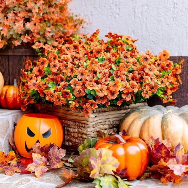 Artificial Fall Chrysanthemum Flowers, UV Resistant Faux Orange Red Plants for Porch Garden Autumn Home Decor(red-orange 16)