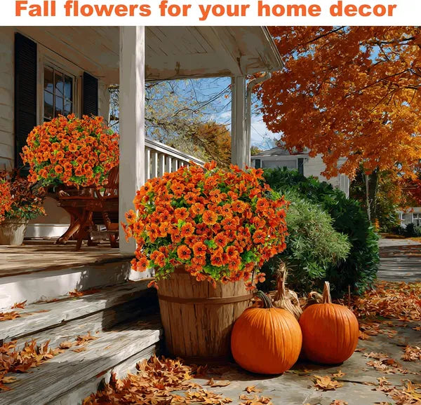 Artificial Fall Chrysanthemum Flowers, UV Resistant Faux Orange Red Plants for Porch Garden Autumn Home Decor(red-orange 16)