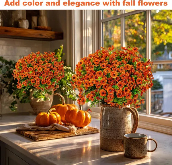 Artificial Fall Chrysanthemum Flowers, UV Resistant Faux Orange Red Plants for Porch Garden Autumn Home Decor(red-orange 16)
