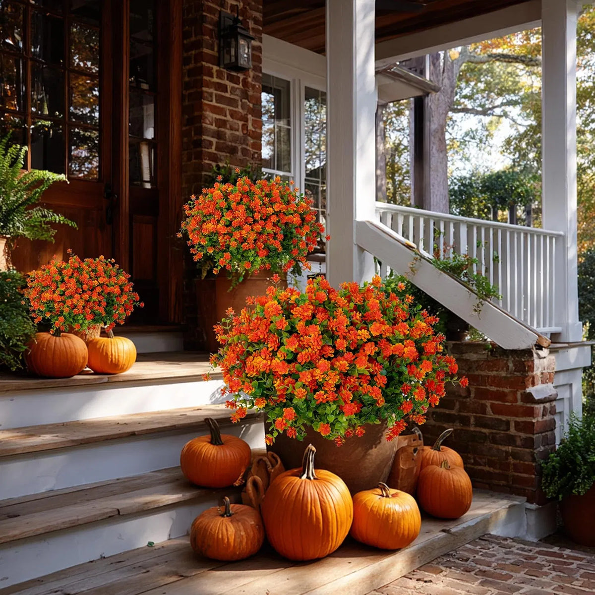 Artificial Chrysanthemums Set of 12, UV-Resistant Faux Mums for Porch Patio Outdoor Fall Decor (Red & Orange)