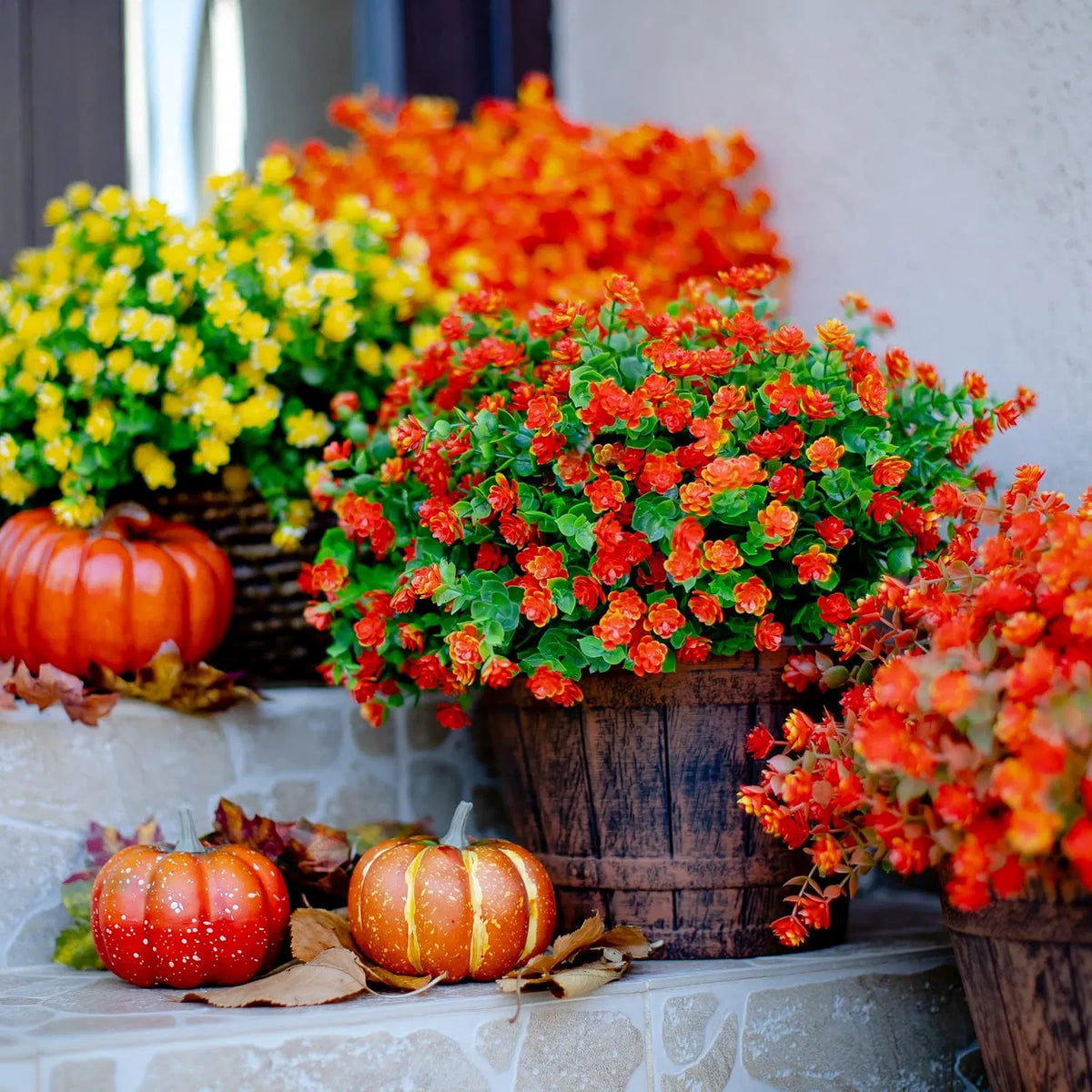 Artificial Chrysanthemums Set of 12, UV-Resistant Faux Mums for Porch Patio Outdoor Fall Decor (Red & Orange)