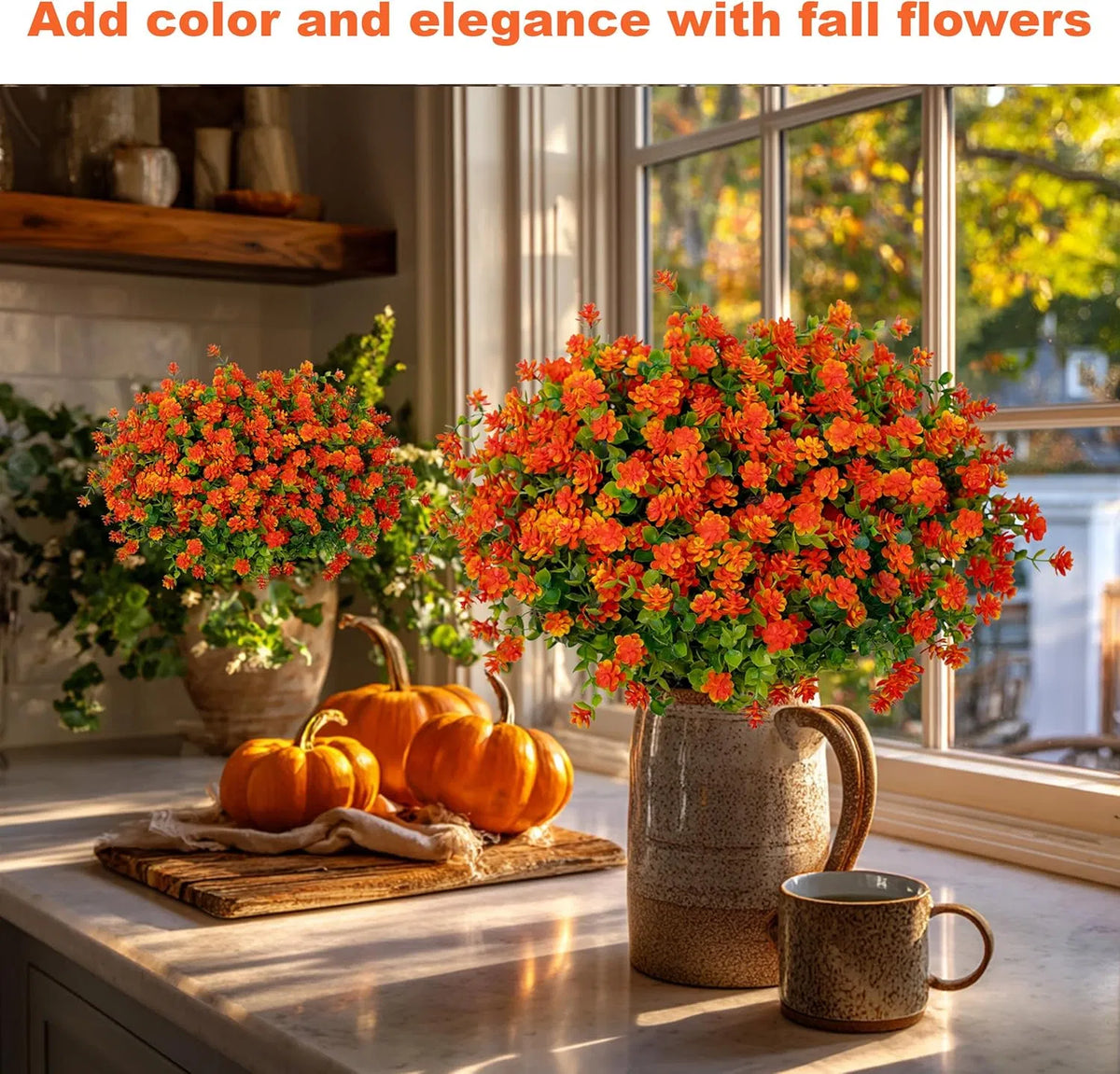 Artificial Chrysanthemums Set of 12, UV-Resistant Faux Mums for Porch Patio Outdoor Fall Decor (Red & Orange)