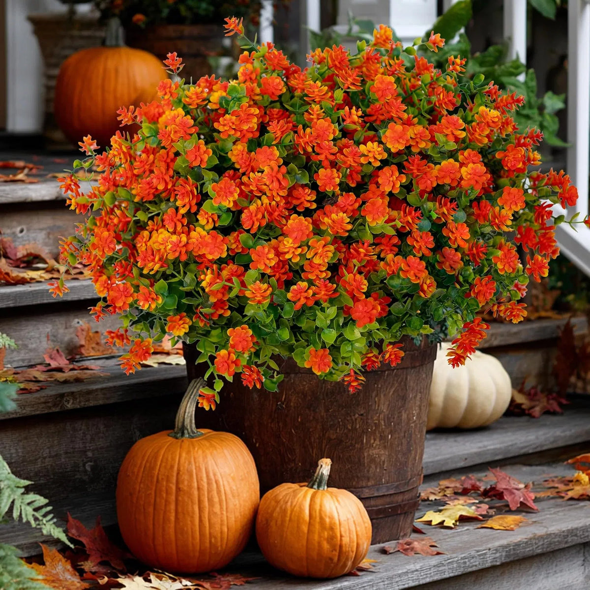 Artificial Chrysanthemums Set of 12, UV-Resistant Faux Mums for Porch Patio Outdoor Fall Decor (Red & Orange)