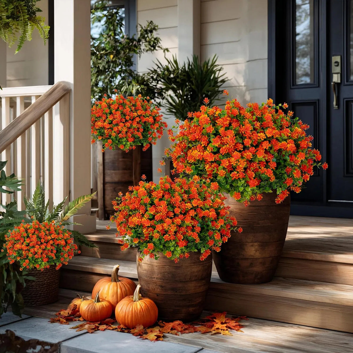 Artificial Chrysanthemums Set of 12, UV-Resistant Faux Mums for Porch Patio Outdoor Fall Decor (Red & Orange)