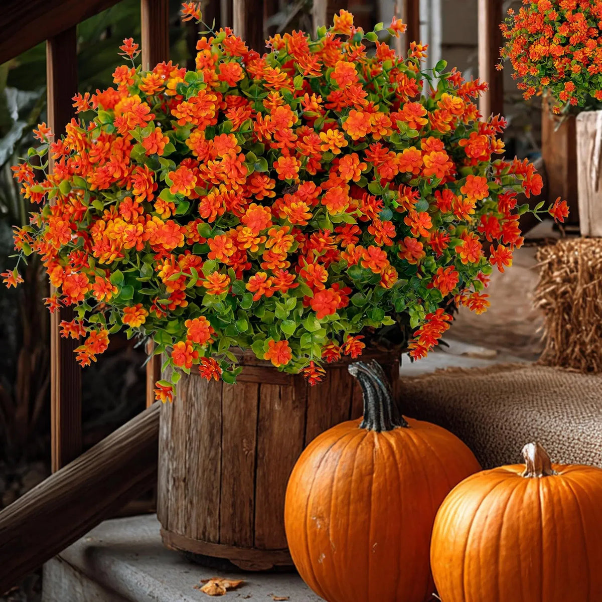 Artificial Chrysanthemums Set of 12, UV-Resistant Faux Mums for Porch Patio Outdoor Fall Decor (Red & Orange)