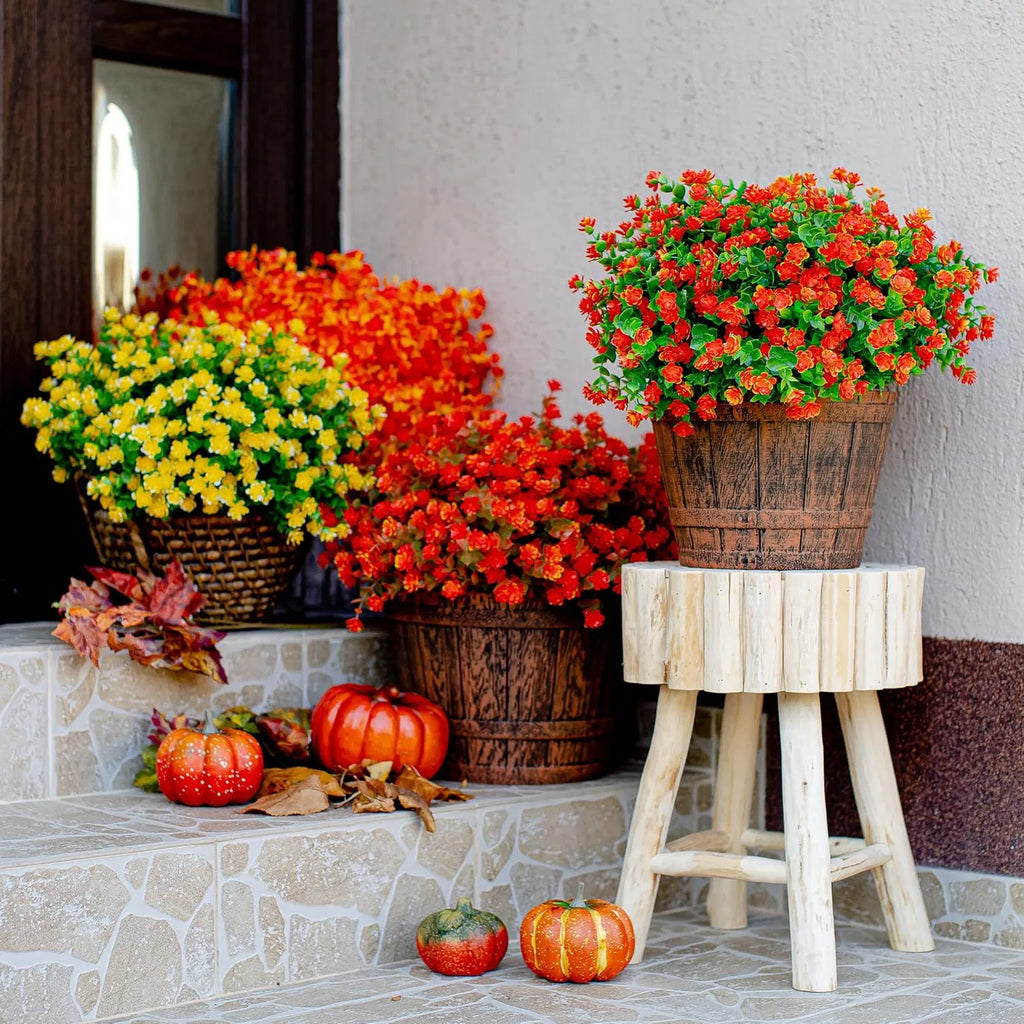Artificial Chrysanthemums Set of 12, UV-Resistant Faux Mums for Porch Patio Outdoor Fall Decor (Red & Orange)