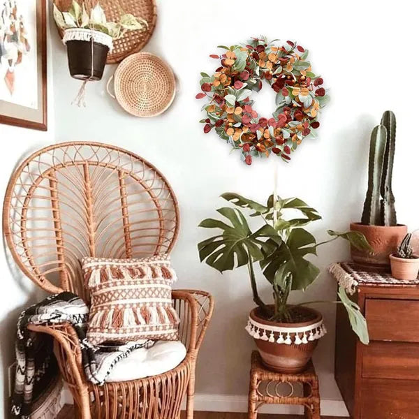 Artificial Fall Wreath with Lamb's Ear, Eucalyptus Leaves & Berries, Farmhouse Wreath for Indoor Outdoor Wall Window Wedding Festival Decor