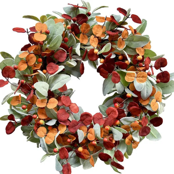 Artificial Fall Wreath with Lamb's Ear, Eucalyptus Leaves & Berries, Farmhouse Wreath for Indoor Outdoor Wall Window Wedding Festival Decor