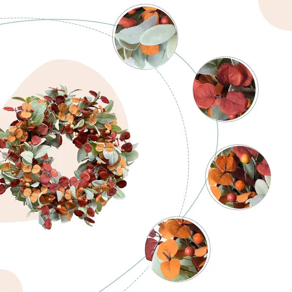 Artificial Fall Wreath with Lamb's Ear, Eucalyptus Leaves & Berries, Farmhouse Wreath for Indoor Outdoor Wall Window Wedding Festival Decor
