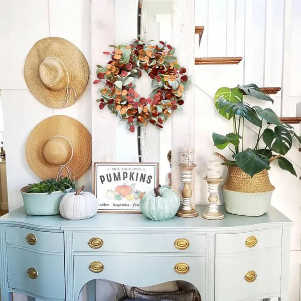 Artificial Fall Wreath with Lamb's Ear, Eucalyptus Leaves & Berries, Farmhouse Wreath for Indoor Outdoor Wall Window Wedding Festival Decor
