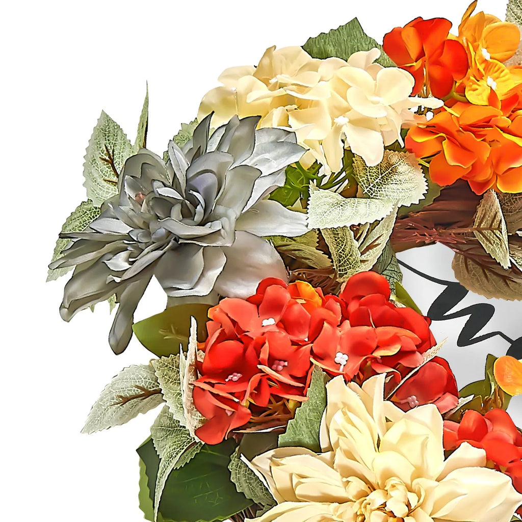 Artificial 24 Inch Wreath with Welcome Sign, Hydrangea and Rose Faux Floral Door Wreath, Year Round Indoor Outdoor Home Decor