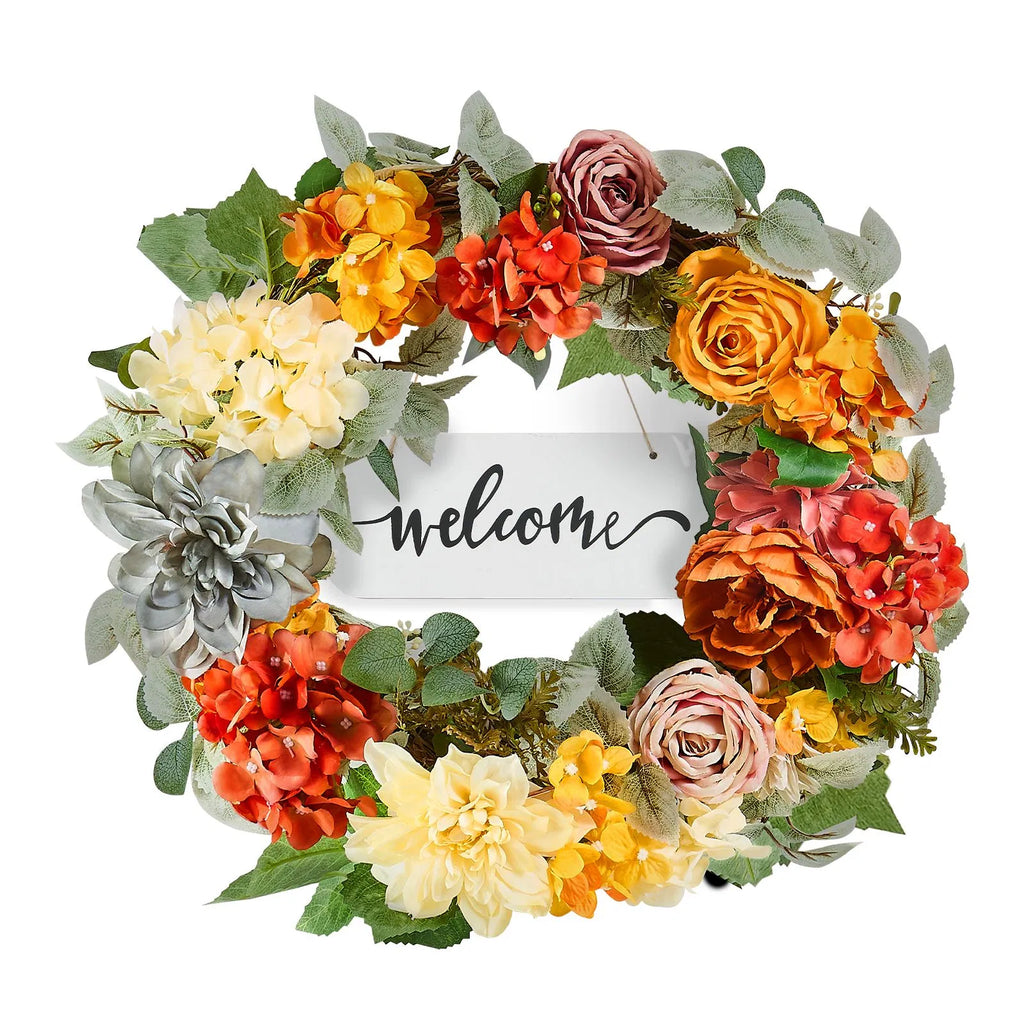 Artificial 24 Inch Wreath with Welcome Sign, Hydrangea and Rose Faux Floral Door Wreath, Year Round Indoor Outdoor Home Decor
