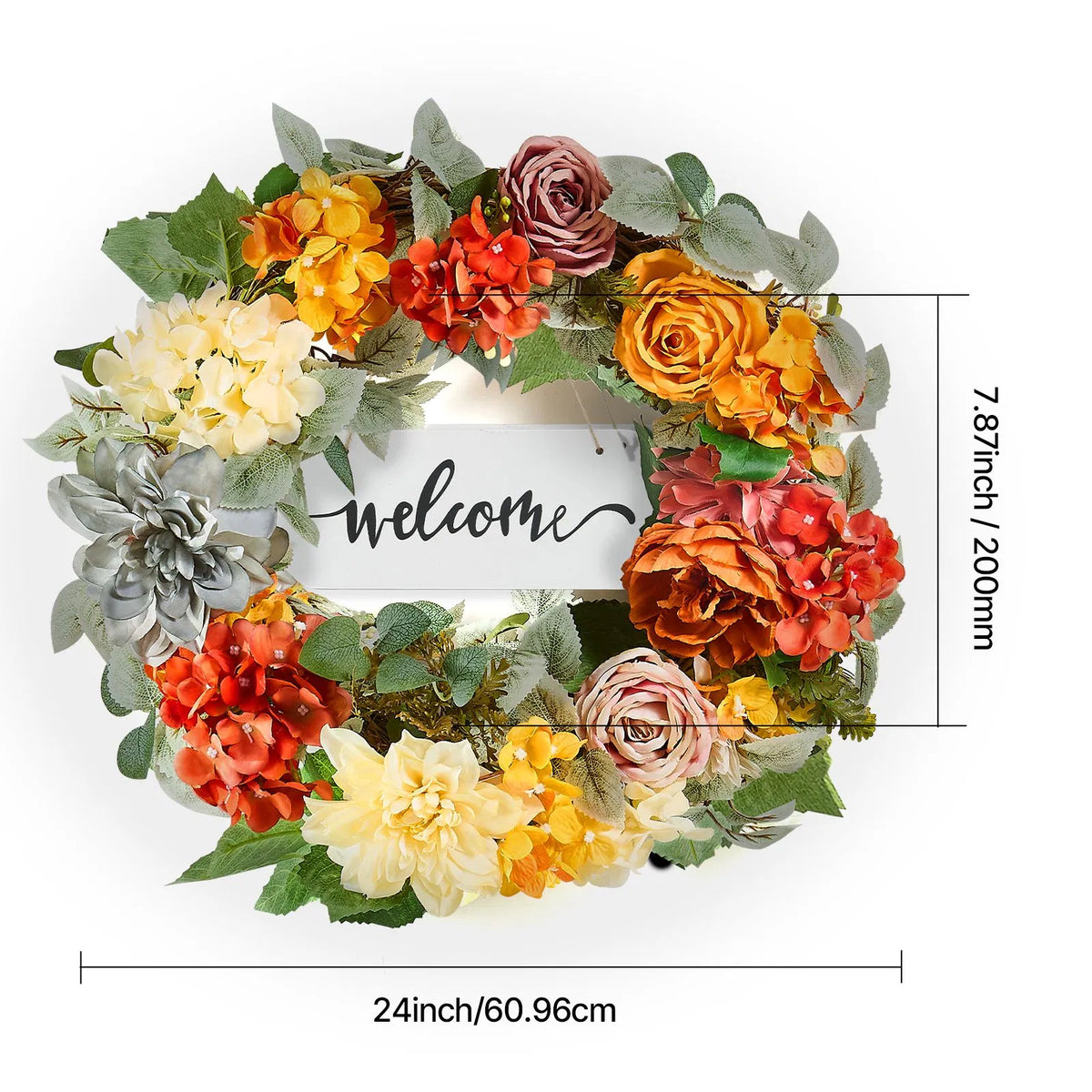 Artificial 24 Inch Wreath with Welcome Sign, Hydrangea and Rose Faux Floral Door Wreath, Year Round Indoor Outdoor Home Decor